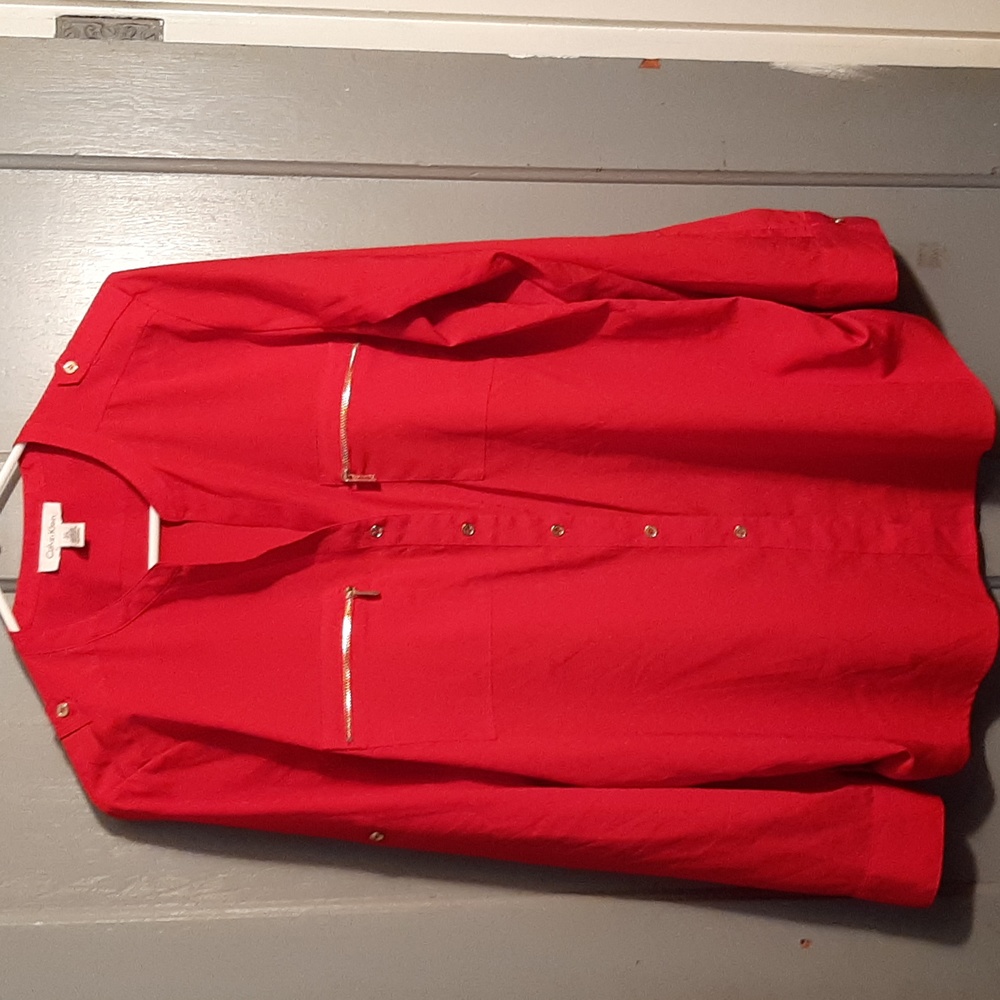 Calvin Klein red button down blouse with gold zipper details on pockets